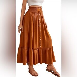 Medium High Waist Ruffle Hem Shirred Button Front Loose A Line Skirt
